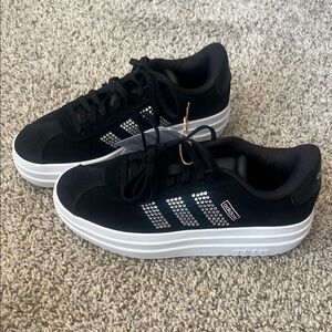adidas Black and White Platform Sneakers with Crystal Three-Stripes